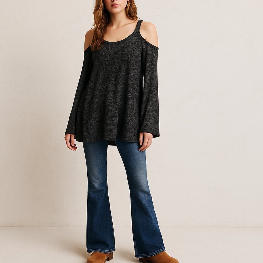 Umgee Black Cold Shoulder Sweater Knit Top Black Grey Marled M